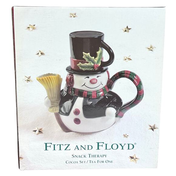 Fitz and Floyd Snowman Cocoa Pot and Cup Snack Therapy Cocoa Tea Set For One New - Picture 8 of 9